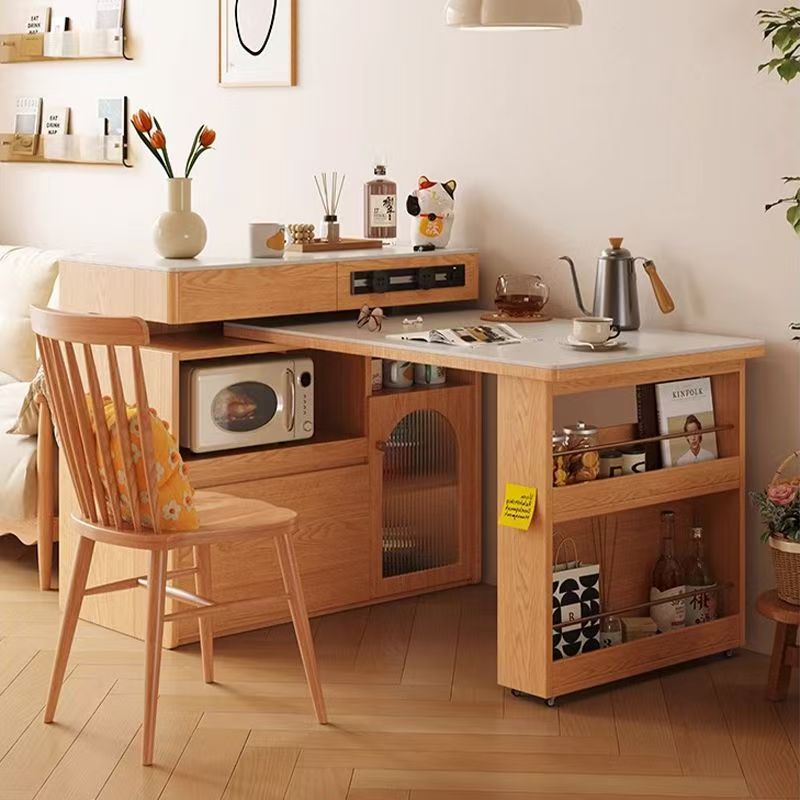 Solid Wood Island Table Retractable Dining Table Integrated Household Log Wind Cream Wind Rock Board Rotating Multifunctional Rock Board Bar Table