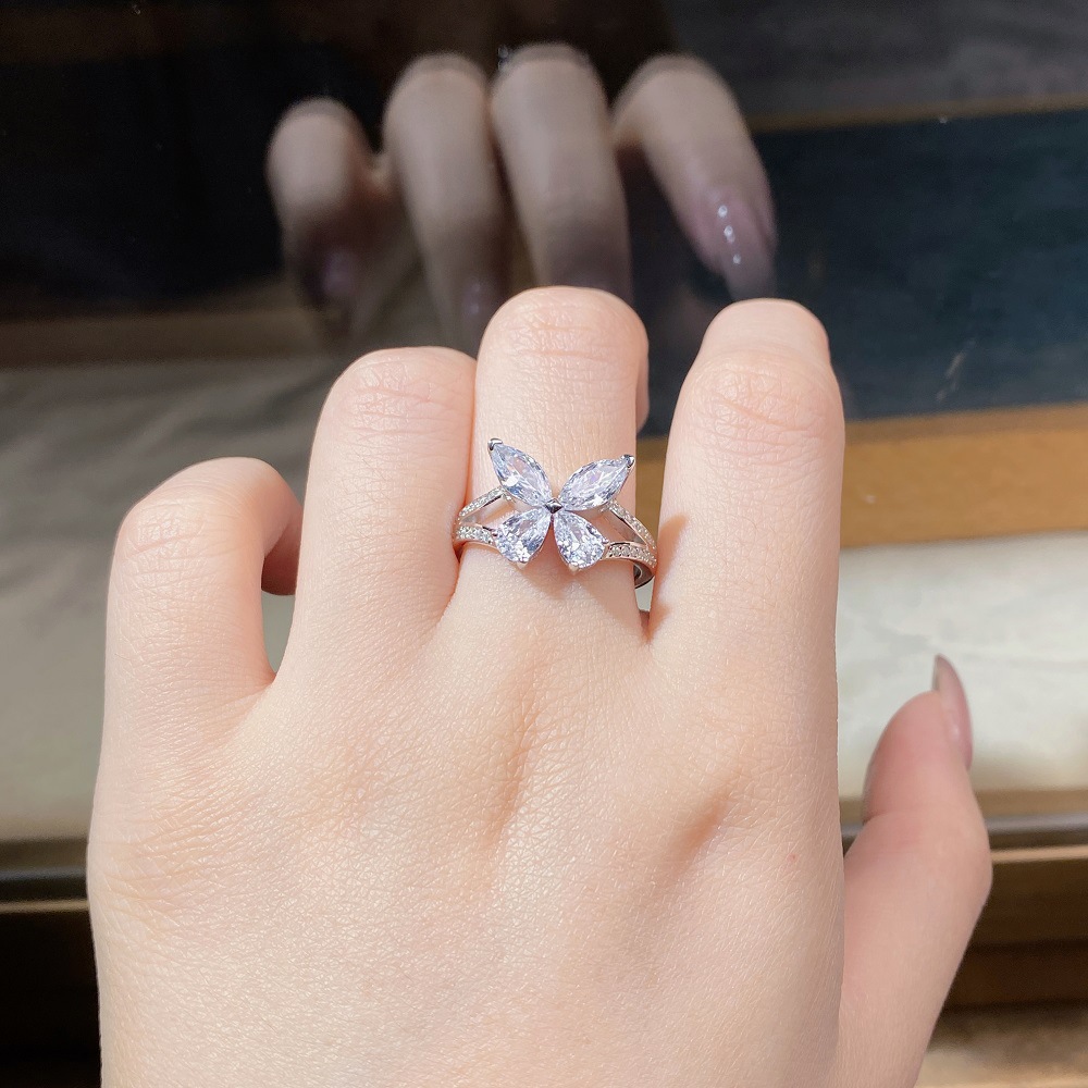 Fashion Butterfly Sterling Silver Inlay Zircon Rings 1 Piece