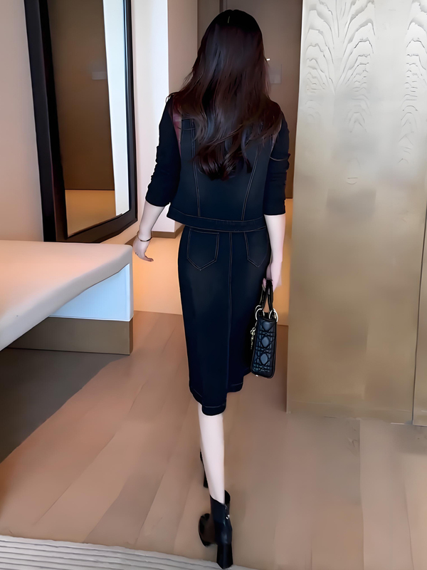时尚牛仔套装裙女秋季新款洋气格纹拼接马甲长袖外贸连衣裙两件套|undefined
