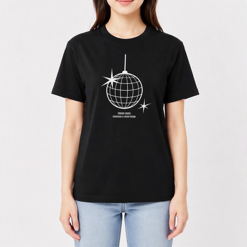 Black disco ball print cotton t-shirt, loose fit, short sleeve, women's clothing Black disco ball print cotton t-shirt, loose fit, short sleeve, women's clothing