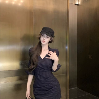 欧美跨境外贸法式条纹v领长袖衬衫连衣裙女性感气质收腰包臀裙子