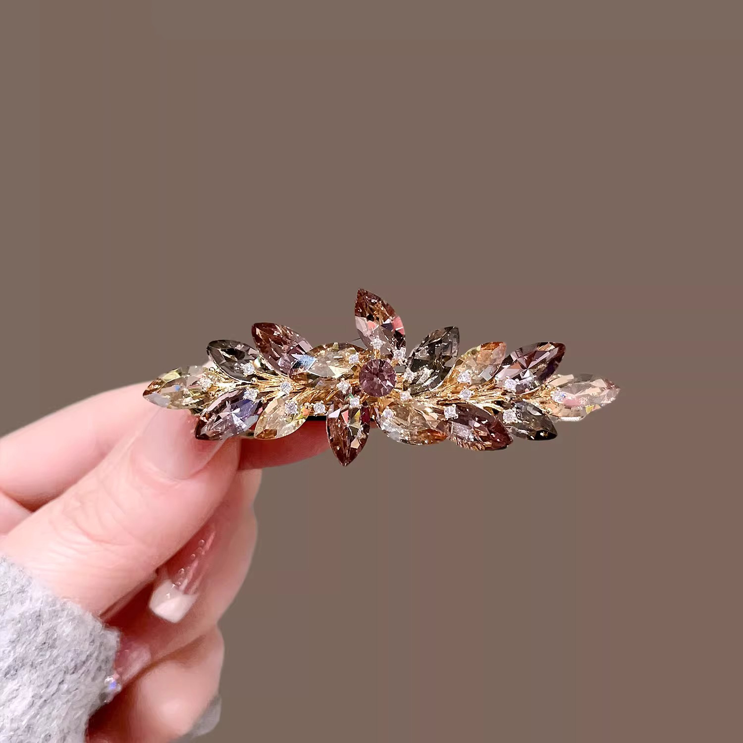 高级感水晶花朵发夹精致妈妈弹簧夹优雅后脑勺半扎发夹子高端发饰