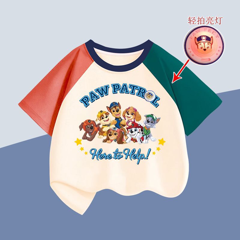 Boys and Girls Paw Patrol Light-Up Short-Sleeved T-Shirt Summer Medium and Large Kidsren's Cartoon Pattern Pure Cotton Raglan Top
