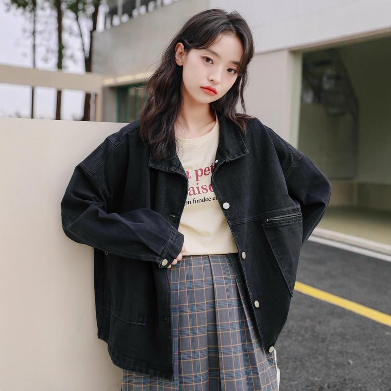 复古港风情侣款工装黑色牛仔外套女2025秋冬新款个性拉链翻领夹克|undefined