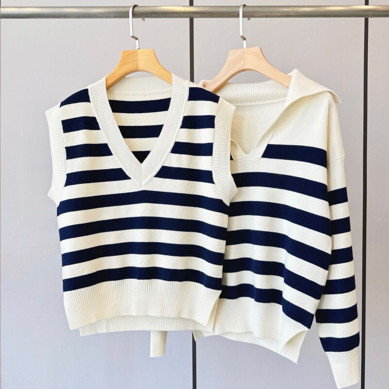 Xiaohe's Early Autumn Striped Series Set, Navy-Style Lapel Slit Sweater, V-Neck Vest, Versatile Knitwear