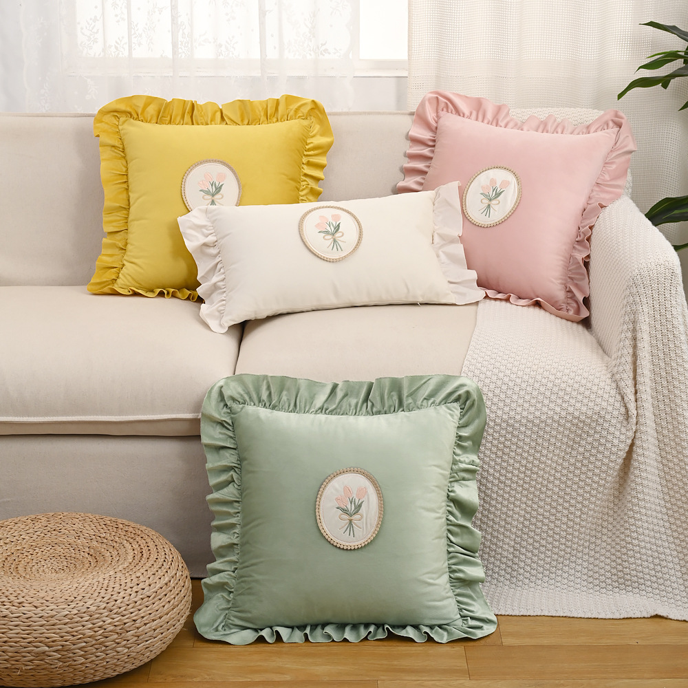 Cross-border Nordic Ins Vintage Tulip Flower bouquet lotus leaf skirt side pillow cushion home decoration sofa living room bed