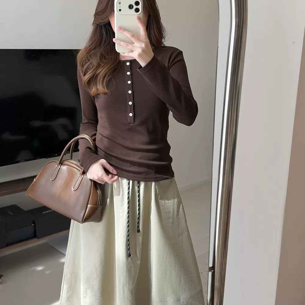 亨利衫领长袖T恤女外穿早春新款修身上衣内搭打底针织上衣