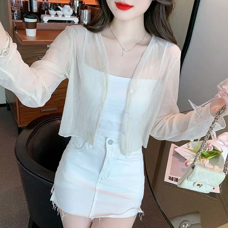 Женский солнцезащитный кардиган из ледяного шелка, тонкая летняя шаль, юбка на подтяжках, тонкая марлевая блузка, небольшой шифоновый жилет.