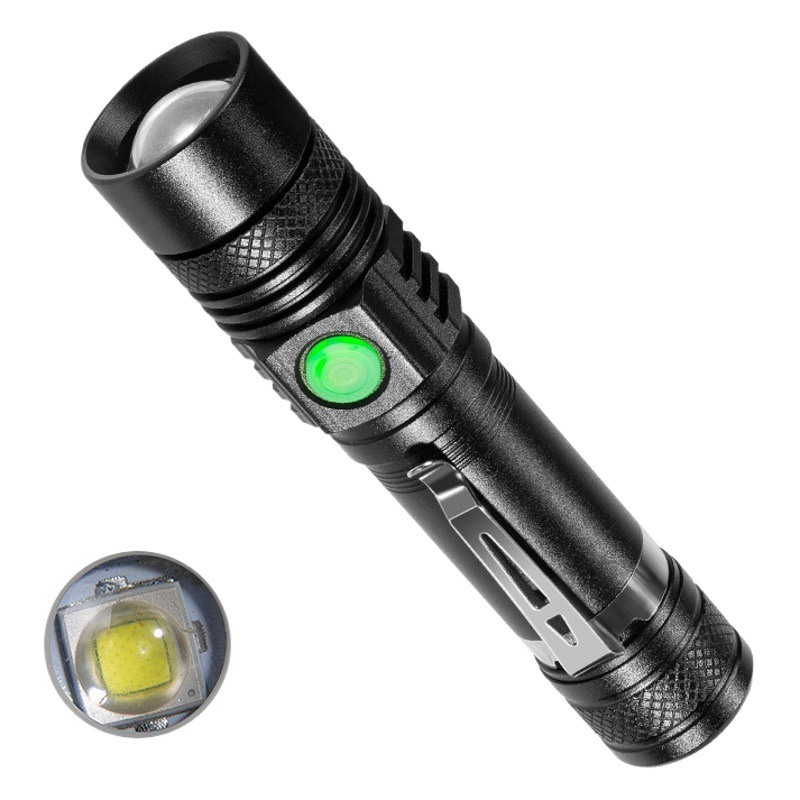 Transfronterizo nuevo resplandor LED linterna telescópica zoom clip de la pluma de carga USB linterna de iluminación al aire libre
