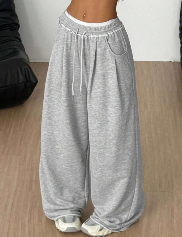 Cuerdas transfronterizas cintura elástica gris pantalones de pierna ancha para mujeres primavera y otoño cintura alta sensación vertical rectas sueltas pantalones casuales