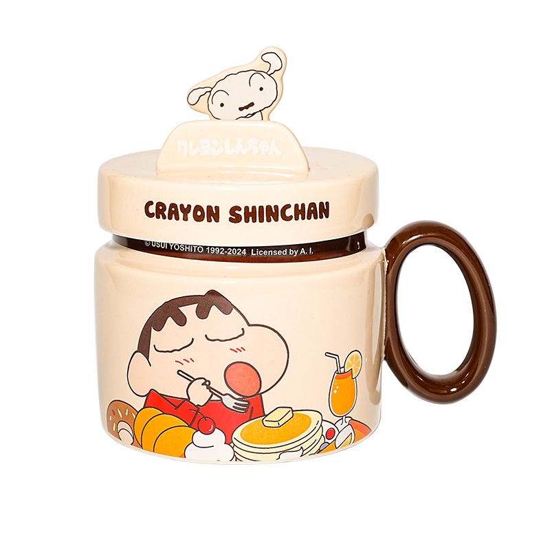 Crayon Shin-chan soporte de marca compartida con tapa taza de cerámica de dibujos animados linda taza de alto valor taza de desayuno caja de regalo