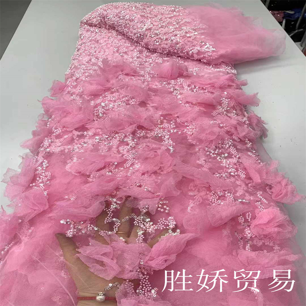 Nuevo bordado tridimensional 3D flor perlas encaje sequilla vestido vestido de boda vestido de tela de espectáculo