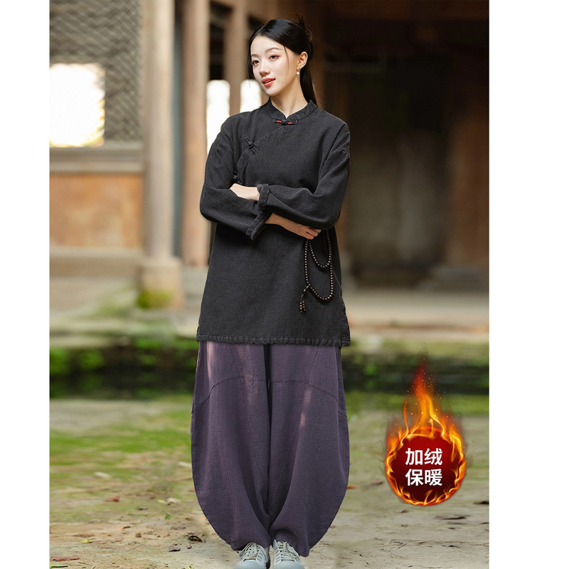 居士服女款秋冬加绒加厚棉麻上衣外套禅意佛系素衣套装打坐禅修服|undefined
