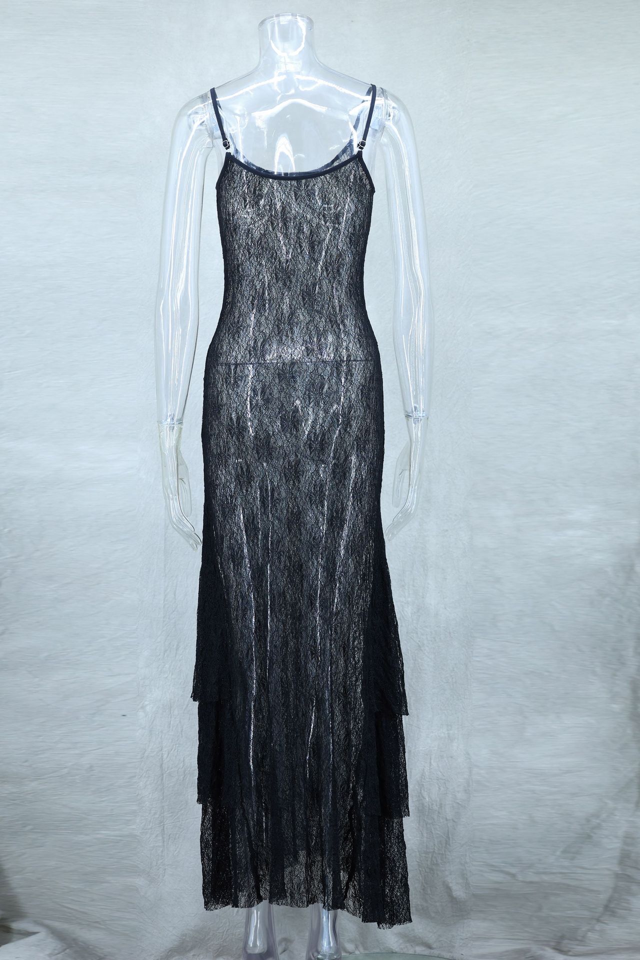 Sexy Lace See through Layered Thin Shoulder Strap Maxi Dress