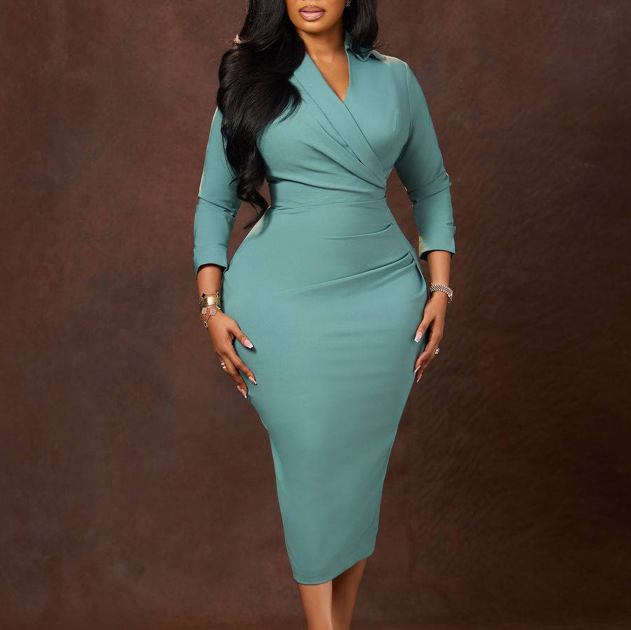 Fashionable Plus Size Women's V Neck Solid Color Bodycon Pencil Dress, Sexy Slim Fit African Style Dress for Casual Wear