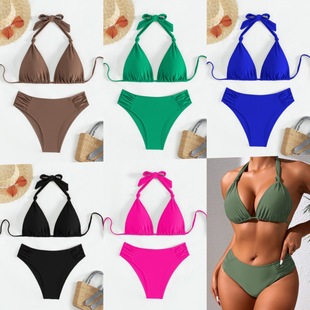 24 New Cross-border in stock Solid Color Triangle Neck Bikini Swimsuit Women's European and American Bikini Sexy Foreign Trade Swimsuit