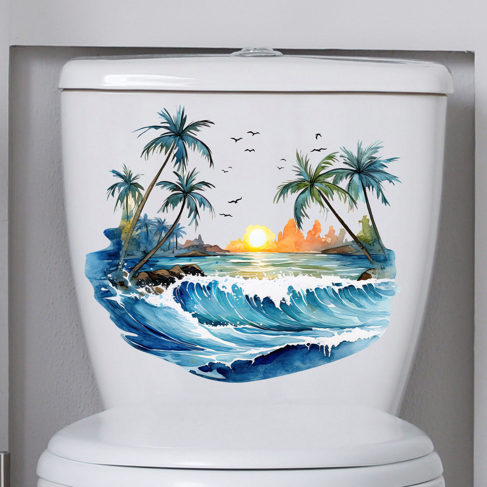 Ms-Gpt006 Coconut Tree Sunset Bathroom Toilet Sticker Home Decoration Wall Sticker Wall Painting Sunset Style