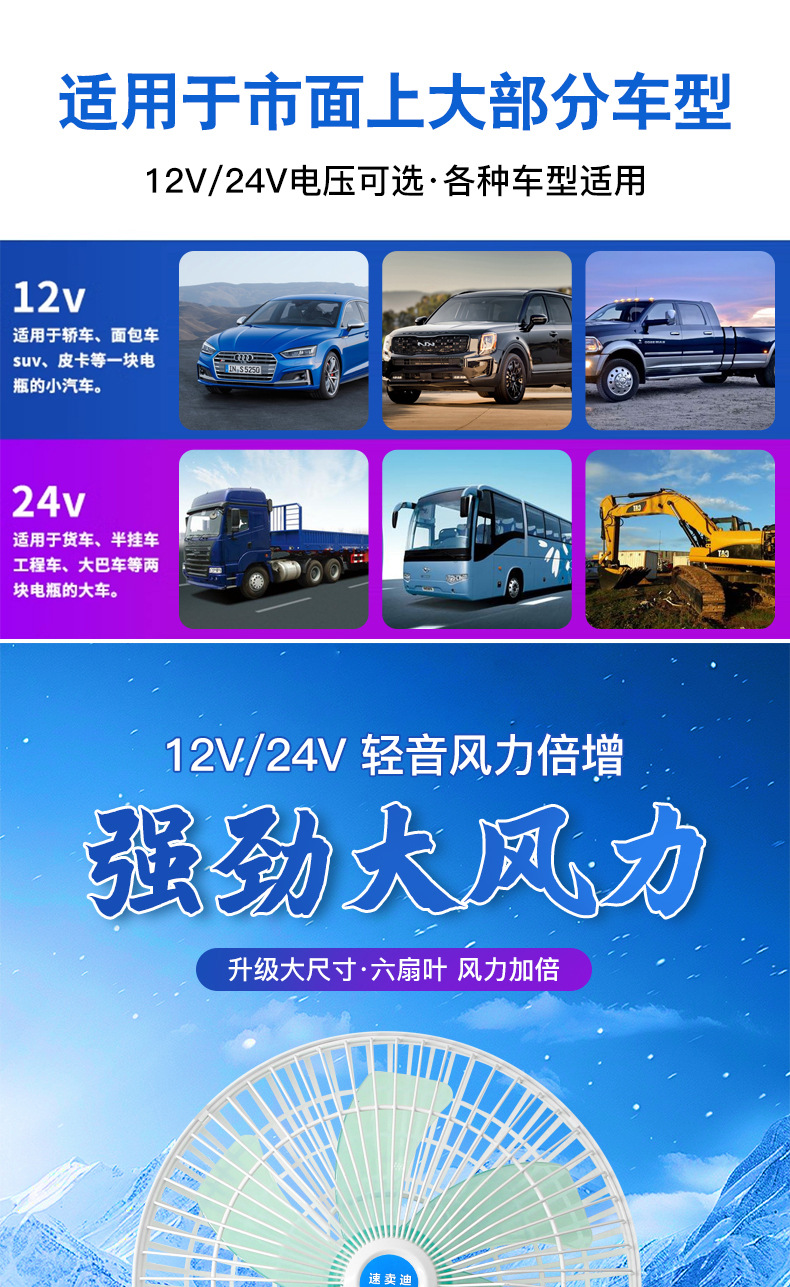 Taigu car fan 24v large truck car 12V car high power large wind car strong wind fan