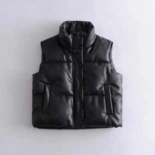 Aliexpress Hot Style 2023 Autumn and Winter Black Cotton Vest Sleeveless Stand Collar Elastic Band Decorative Pu Vest Top
