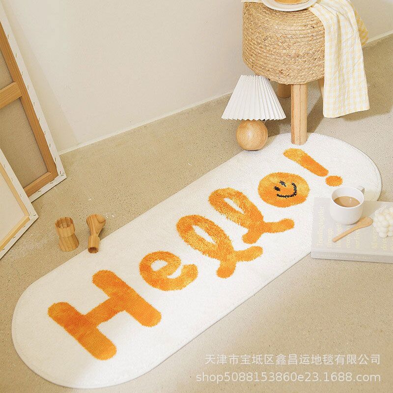 Korean smiling face bedroom mat cartoon oval bed edge rug children's room tatami cute mat machine washable