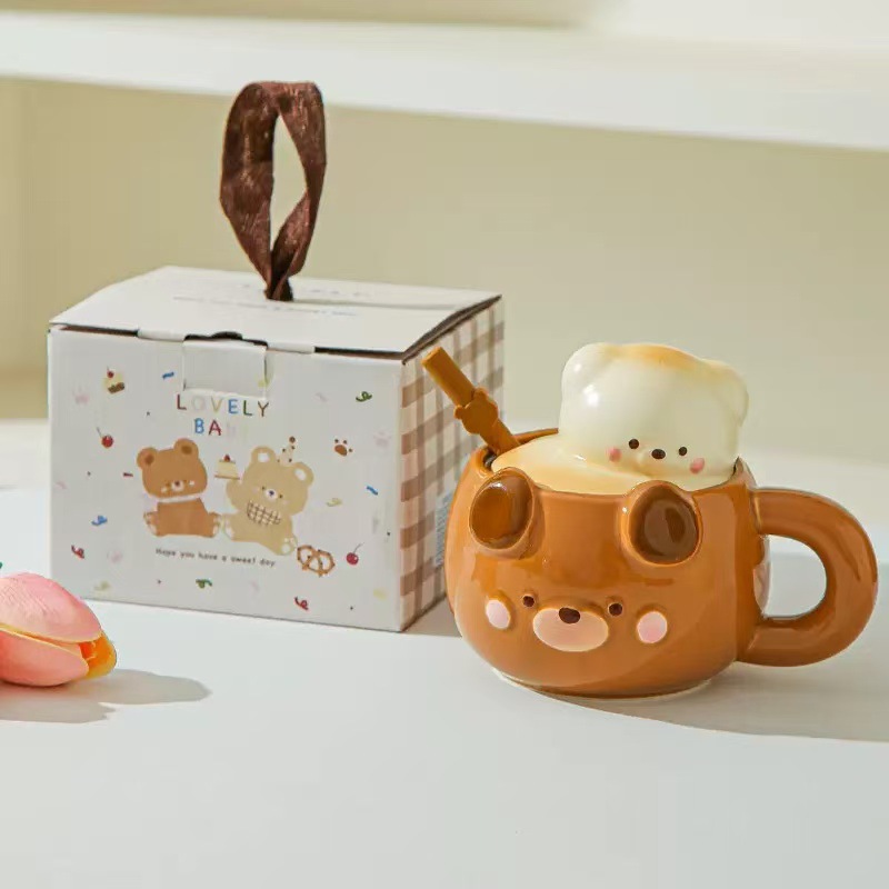 Creativo dibujos animados lindos tazas de cerámica osos tridimensionales de alto valor facial para el hogar taza de leche taza de desayuno regalo de cumpleaños