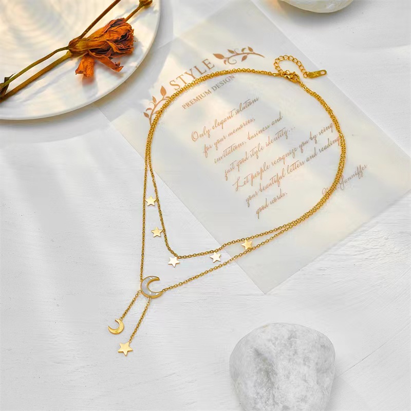 Titanium Steel Material Elegant Retro Lady Star Moon Titanium Steel Plating Layered Necklaces
