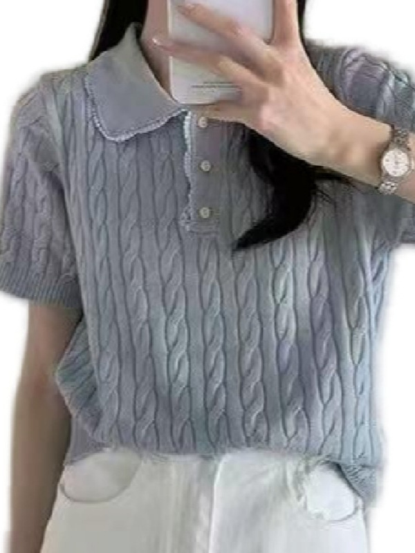 2025年夏季新款韩版设计感翻领蕾丝边拼接麻花针织百搭短袖上衣女|undefined