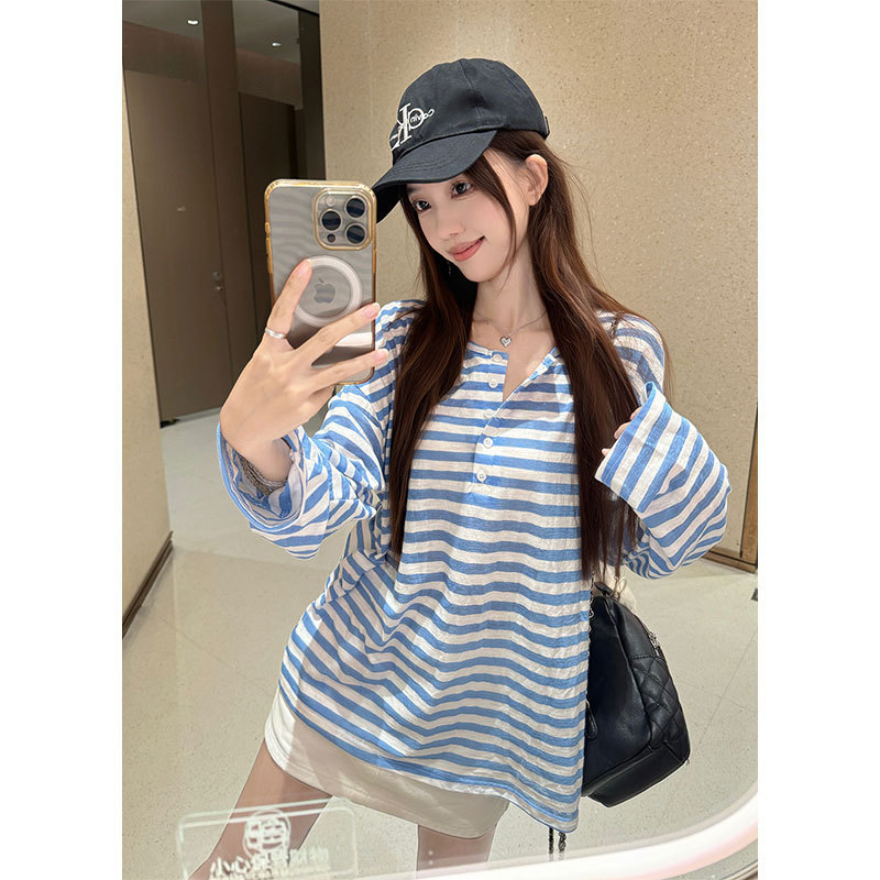 Striped Sun Protection T-Shirt Women's Summer Long-Sleeved Blouse Lazy Korean Casual Loose Top