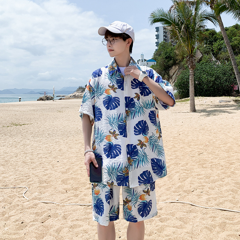 Washed four-sided stretch Ice Silk summer youth floral printed shirt suit men's multi-color loose shorts two-piece set