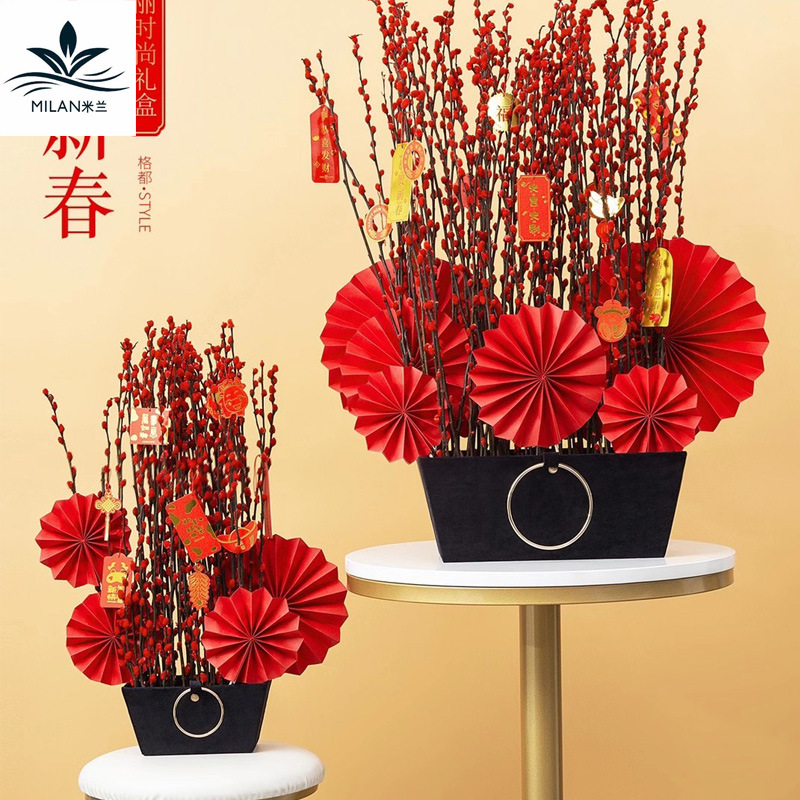 Milan estilo chino dorado fu palabra ventilador plegable víspera de año nuevo flor bendición cubo material decorativo ventilador de papel rojo flor festival de primavera bendición