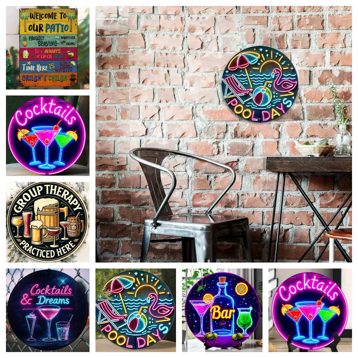 Amazon's New American Neon Light Cocktails Pattern Bar Restaurant Wine Cabinet Wall Decoration Tin Painting