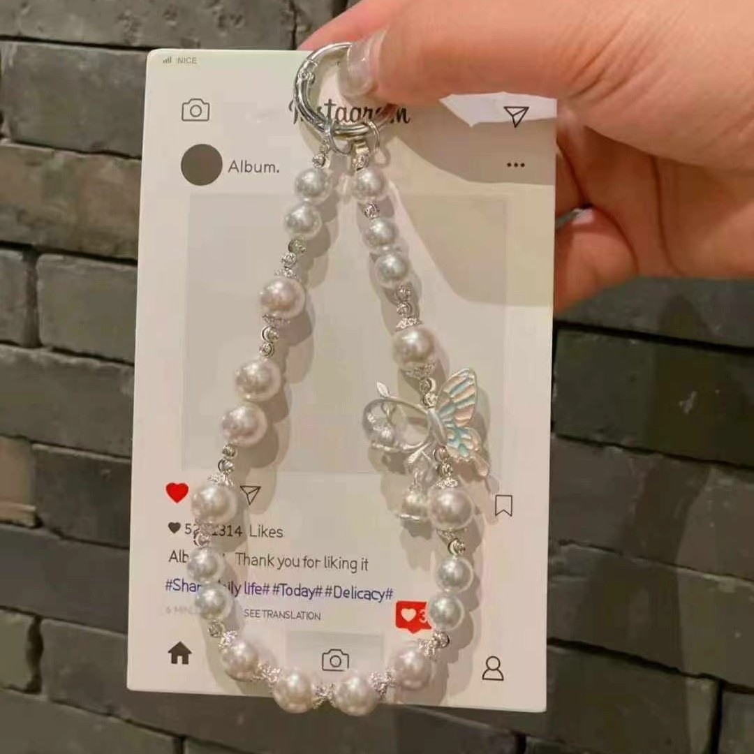 niche butterfly with pearl mobile phone charm rhinestone pendant short pendant portable pendant bag lanyard