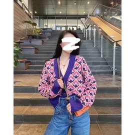 Pk2022年秋冬新款提花撞色长袖单排扣针织开衫外套女