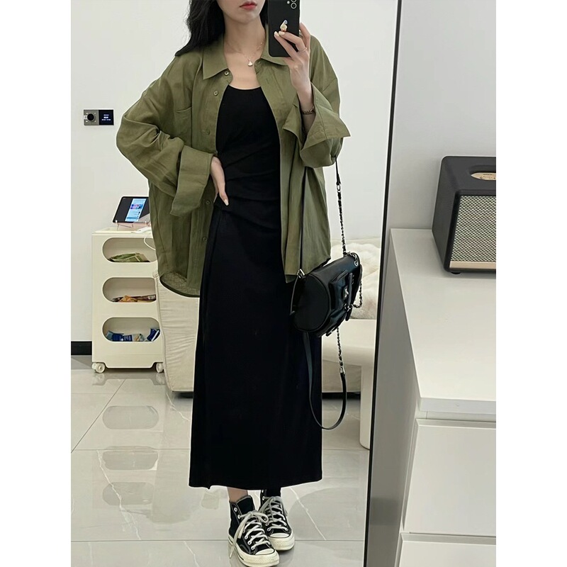 春装茶系穿搭一整套气质网红女神范彩色艺术生吊带连衣裙子套装女|undefined