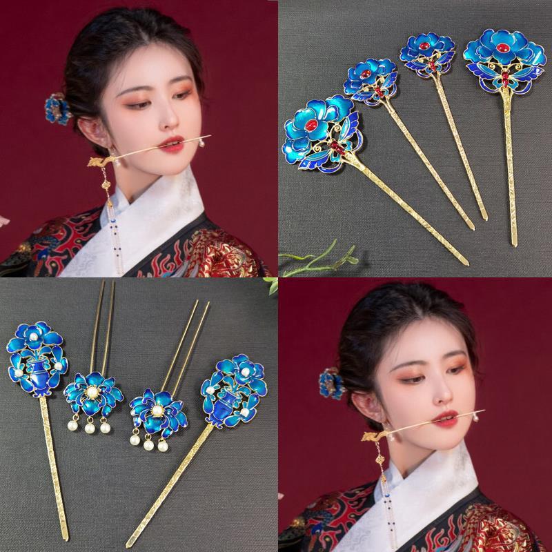 Antiquity Hanfu Headdress Chinese style ancient costume Hairdressing tassels Hairpin Hanfu Accessories Cloisonne suit Ultra cents Step shake