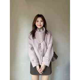 羊毛大衣女短款2025年秋冬新款高级设计感夹棉羊绒围巾领毛呢外套