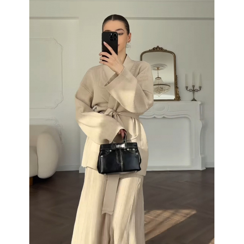 欧美跨境外贸2025春季宽松绑带口袋V领开衫外套舒适半身裙套装女|undefined