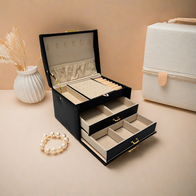 Three-Layer Large-Capacity Jewelry Box with Lock Pu Leather Gold Jewelry Anti-Oxidation Jewelry Box Earrings Ring Storage Box