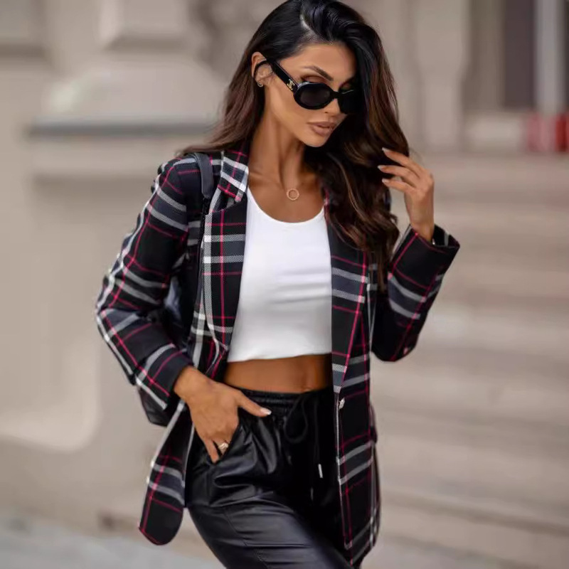 New autumn fashion temperament plaid suit jacket AliExpress Amazon foreign trade cross-border Europe and the United States wish women's clothing New autumn fashion temperament plaid suit jacket AliExpress Amazon foreign trade cross-border Europe and the United States wish women's clothing