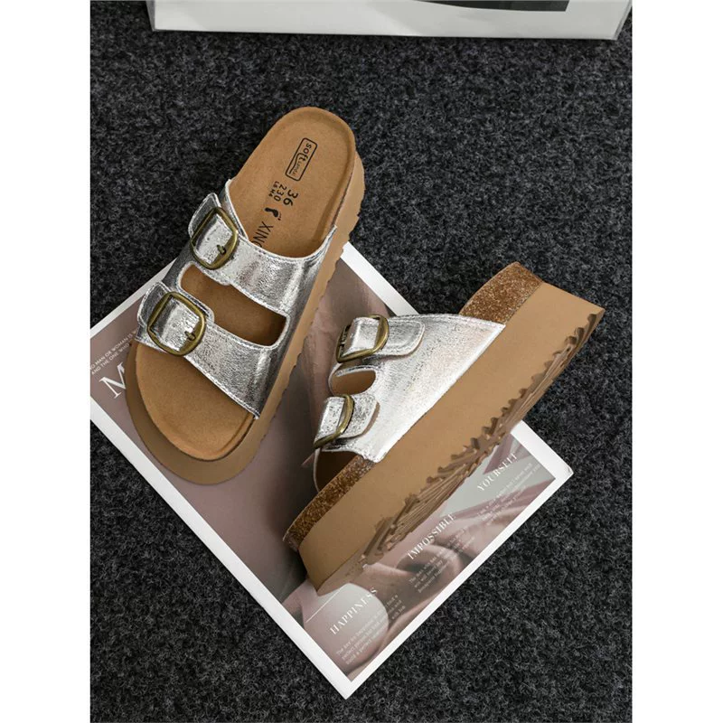 Маленькие женские сандалии из натуральной кожи на толстой подошве в Гонконге, летняя верхняя одежда, серебряные повседневные слипоны Birkenstocks в стиле ретро