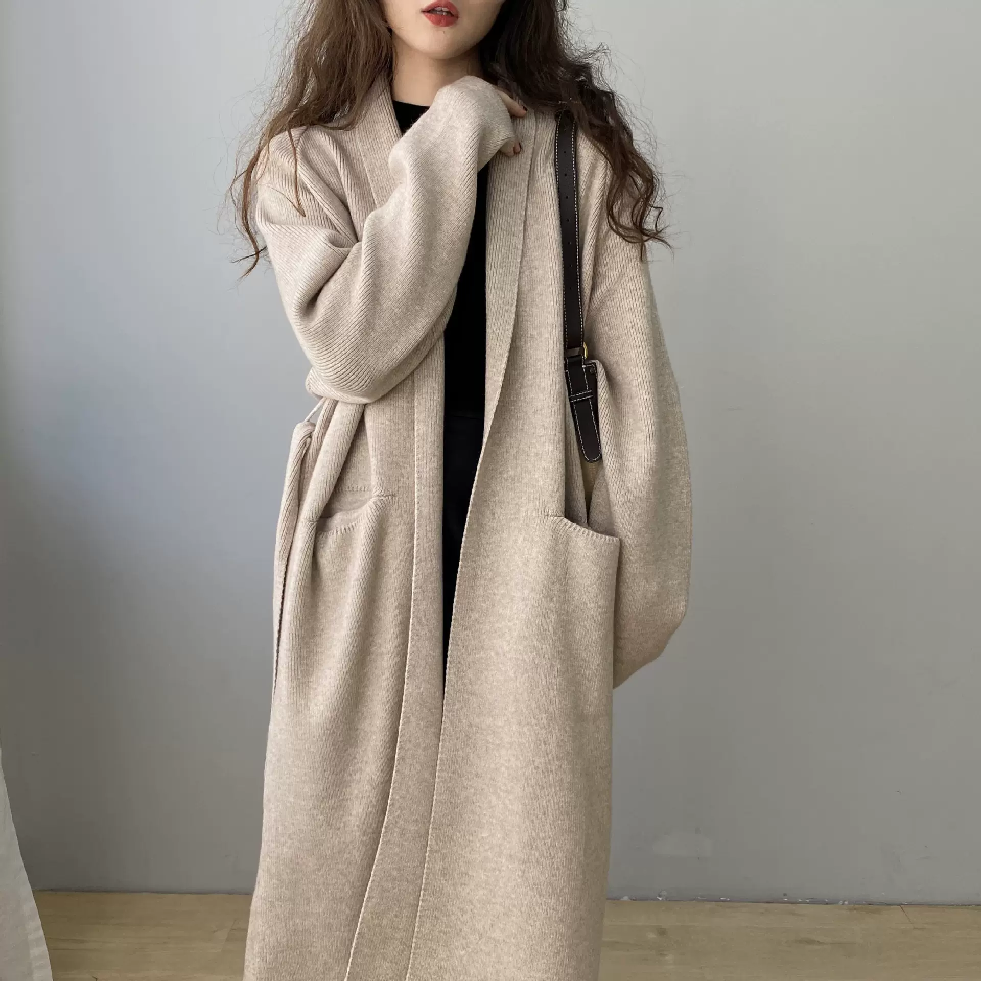 嘉织慵懒风宽松外套翻领通勤开衫外套纯色长款外搭毛衣B7237