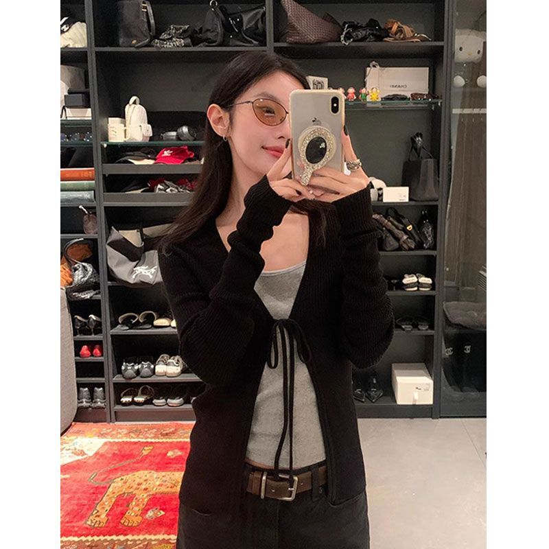 Spice Girl Strap Pure Desire Style Strap Spring and Summer Slim-fit Long Sleeve V-neck Short New Style Outer Wear Top