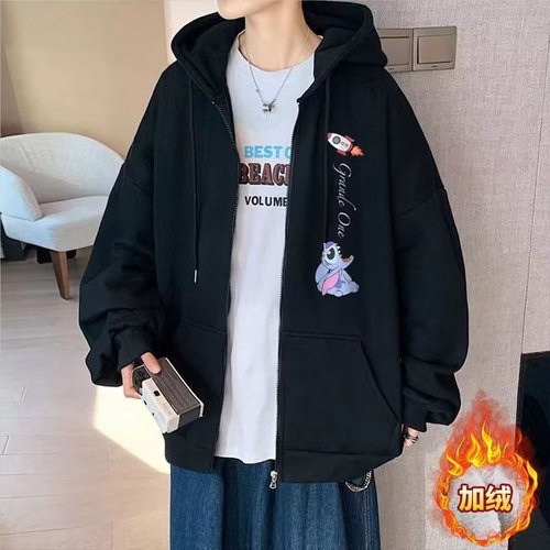 Chino Brand Zip-Up Hoodie with Fleece Outerwear for Men, Hong Kong Style, Ins Trendy, Youth Casual Cartoon Print Hooded Jacket