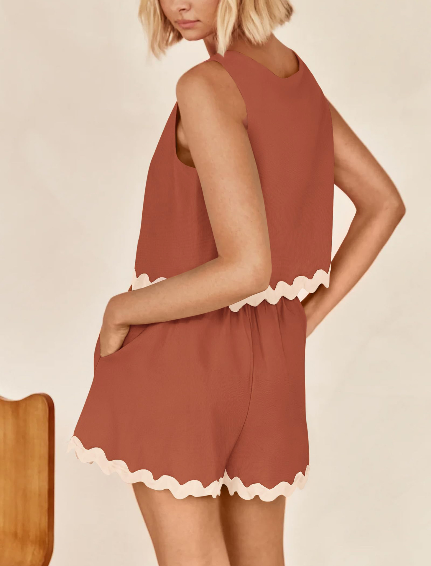 227g Weight Sleeveless Sleeve Length Linen, Lace Fabric Type Shorts Pants Type Shorts Co-ord Set Sets Type 2 Pieces Set Quantity Daily Occasion Round Neck Neckline Loose Fit Type Color Block, Waves Pattern Summer Season Women's Gender Casual Style Lace Craft Daily Women's Casual Color Block Waves Linen Lace Shorts Co-ord Set Shorts Shorts Sets 9