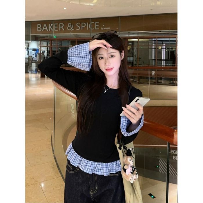 【自家工厂现货】休闲假两件长袖圆领格纹T恤女秋季修身显瘦上衣|undefined