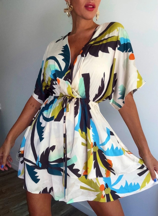 Abstract Print V-Neck Midi Dress With Tie Waist, Flowy Short Sleeve Summer Dress For Vacation & Casual Outings_ecoleips.com