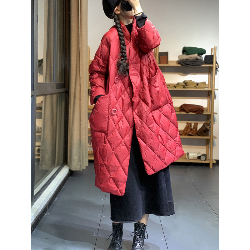 2025 Winter Korean Style Elegant Commuter Loose Thickened Long Diamond-Patterned Large Pocket Warm Goose down Jacket