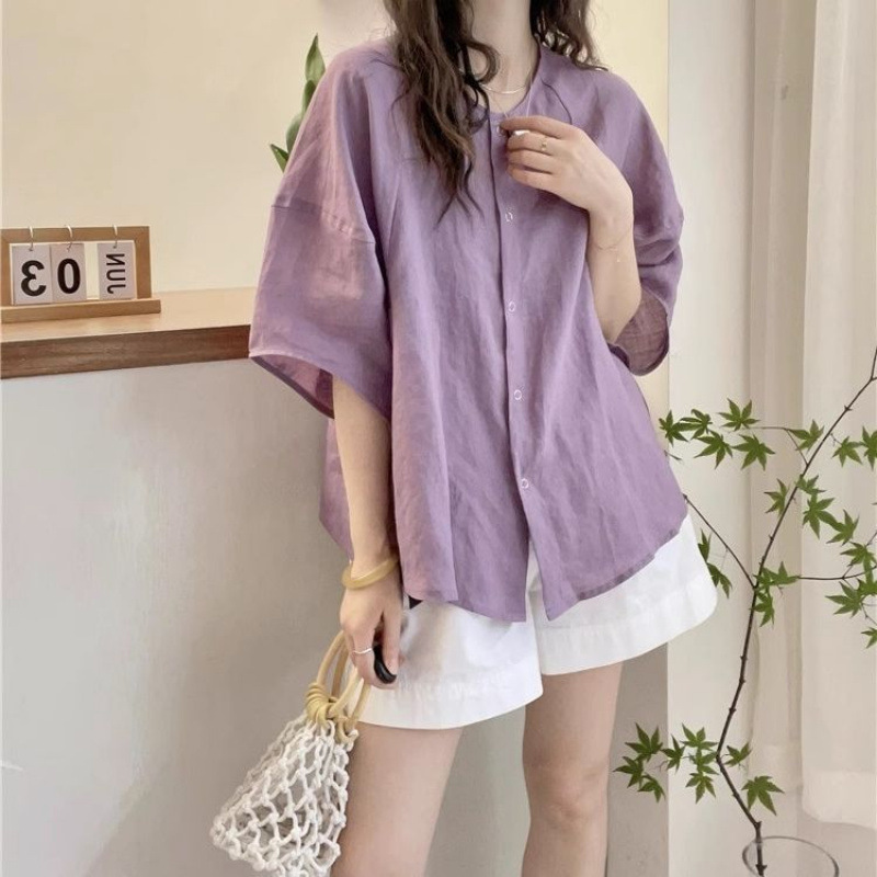时尚休闲多巴胺短袖衬衫女夏色大码胖mm宽松显瘦圆领宽松上衣|undefined