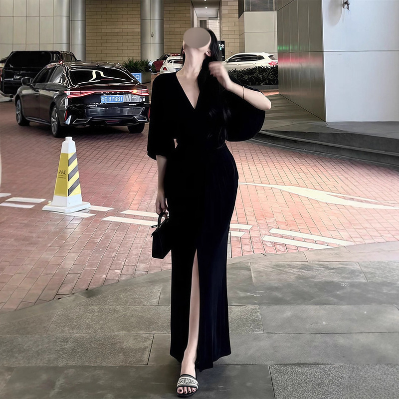 纯欲辣妹V领蓬蓬袖开叉连衣裙女夏季新款修身显瘦高级感包臀长裙|undefined