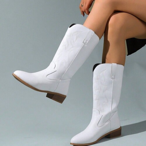  Cross-border Mid-Calf Embroidered Martin Boots for Women, Ethnic-style Fashion Boots for Ladies, Embroidered Chunky-Heel Long Boots for Women